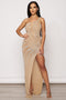 Asymmetric Off Shoulder Rhinestone Maxi Dress - Nude